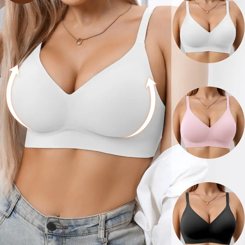 Jelly Bra Sexy Plain V-Neck Wireless Women's Bra, Seamless Lined Design, Medium Support, Fitted, All Seasons, Daily Wear