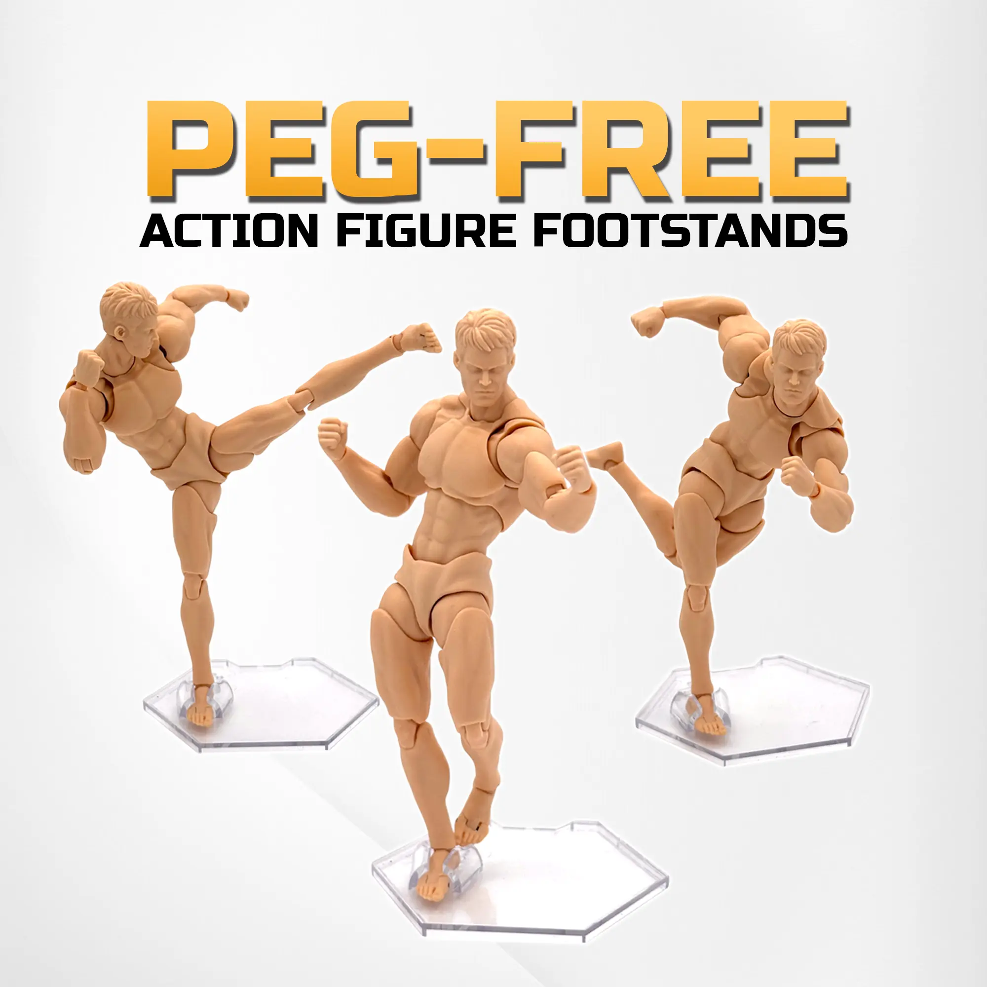 Peg-Free Action Figure Stands - 9 Pack - 1/12 & 1/10 Scale - Clear/Transparent - 3"x3.5" Durable