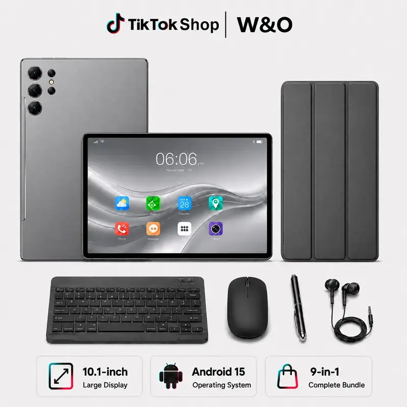 W&O X9 10.1 Inch Android 15 Tablet for Work & School — 8GB RAM 256GB ROM, 8000mAh Long Battery, Dual-Band WiFi, SIM & microSD Supported | 9-in-1 Bundle with Keyboard Mouse Stylus Case