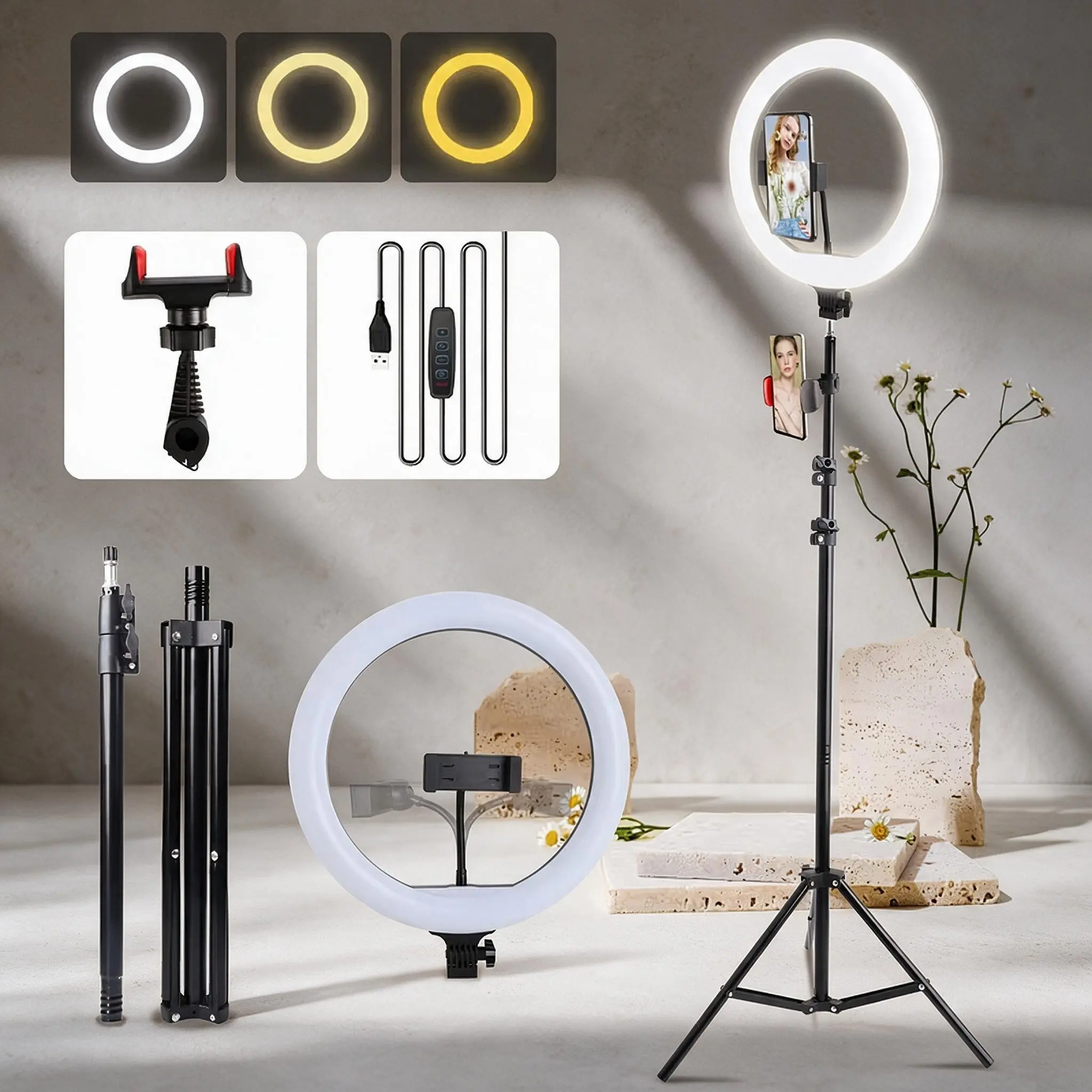 12 Inch LED Selfie Ring Light Kit with 17‑57" Extendable Tripod Stand, Universal Phone Clip, USB‑Powered 10‑Level Dimmable Fill Light, Eye‑Caring Lighting for Live Streaming, TikTok Vlogs & Makeup Content Creation