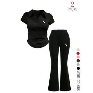 Women's Y2K style slim fit two-piece set, featuring a fake lace bow print top and flared pants, perfect for summer casual wear, women's wearRAIMENTRY