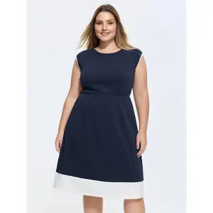 BLOOMCHIC Plus Size Stretch Mini Dress with Cap Sleeves and Color Contrast [M–6X], 2026 Summer Vibes,Spotlight,Summer wins,Deals for you days, Polyester, Women Fit Casual