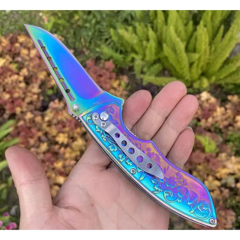 Outdoor Tool Knife for Men Women, Survival Utility Knife Gift Knifes Engrave Flower Handle Classic Pocket Knife with Pocket Clip, Sharp Blade EDC Knife