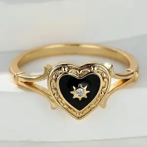 14k Gold Heart Shaped Gold Ring for Men and Women - Black Enamel Finger Jewelry - Perfect for Valentine's Day Gift