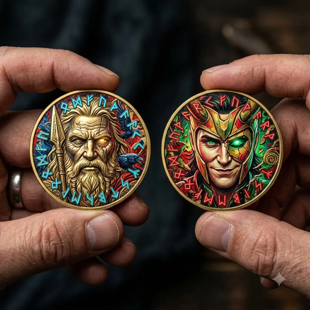 Odin vs Norse Trickster 2-Sided Color Challenge Coin, Norse Mythology All-Father & Mischief God Collectible Medallion, Fengshui Home Decor Gift for Mythology Lovers