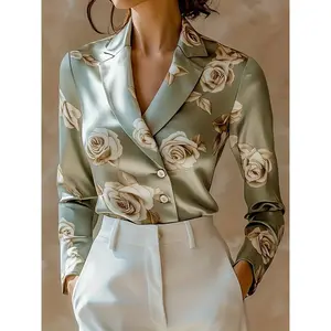 2025 New Advanced Elegant Lapel Women'S Top Rose Pattern Side Button Satin Shirt [NS702]