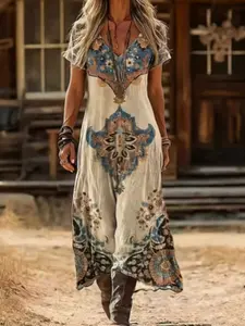 Western Wild West Long Bohemian Print Slimming Dress, Vacation Essential, Western Style Maxi Dress, Women's Fashion