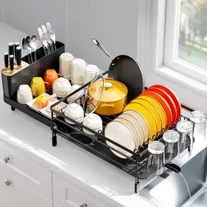 Large Expandable Dish Drying Rack for Kitchen Counter, Multifunctional Dish Drainer with Utensil Holder & Cup Holder, 18.5"-26.7" L x 12.7" W, Black