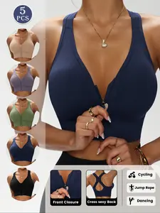Women's Plain Front Zip Bra, Backless Criss Cross Design, Slim-Fitting Max Support, Detachable Pads, Sporty Lined Bra for All Seasons
