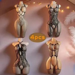 4 Sets Hot Black Lace Bodysuits, Luxury Women Bedroom Loungewear, Confident Bold Female Fashion Outfits, Cute Exotic Socks Underwear Combo, Women Black Mesh See-through Corset Lingerie, Delicate Floral Lace Sleep Intimates Set