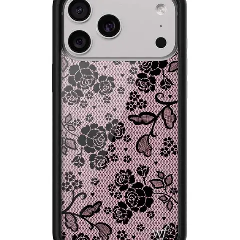 Wildflower Cases Lace Lover Limited Edition Collab iPhone Cellphone Case - Vintage Black Lace & Roses, Pretty Pink Background, Raised Durable Black Bumper, Handheld Protection, Women's Owned Small Business, Custom Floral Gift for Her