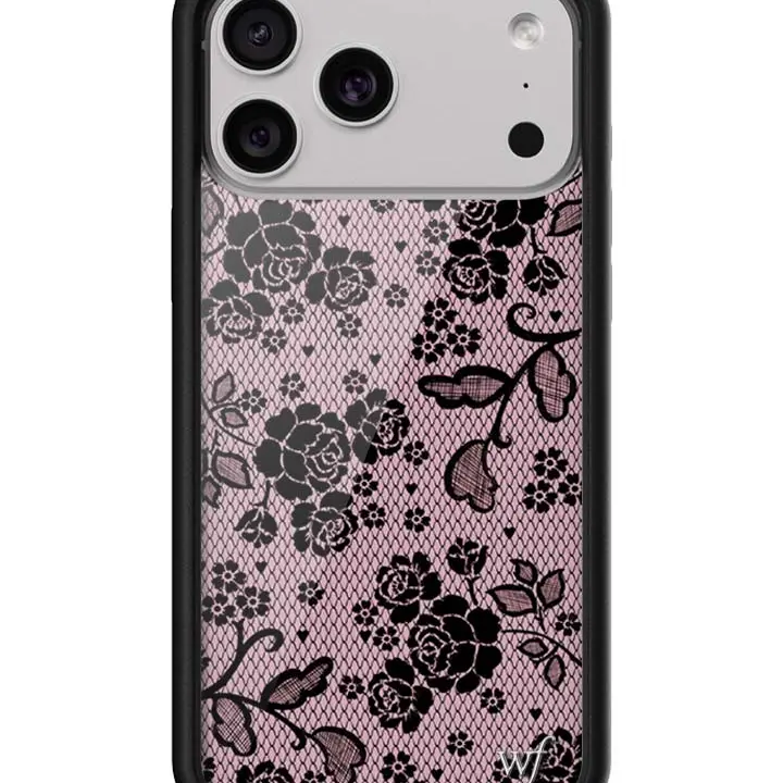 Wildflower Cases Lace Lover Limited Edition Collab iPhone Cellphone Case - Vintage Black Lace & Roses, Pretty Pink Background, Raised Durable Black Bumper, Handheld Protection, Women's Owned Small Business, Custom Floral Gift for Her
