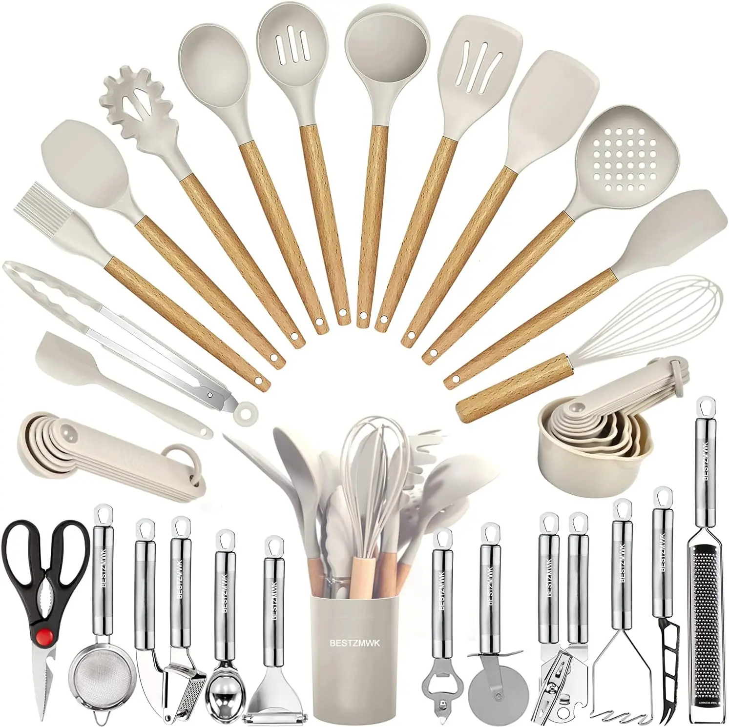 35-Piece Silicone Kitchen Utensils Set with Wooden Handles – Heat Resistant Cooking Tools Set for Nonstick Cookware, Spatula, Tongs, Grater & More