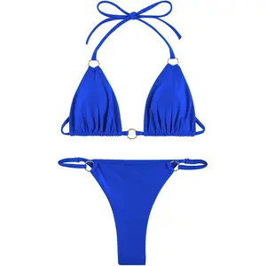 Women Two Piece Swimsuit Set Sexy Halter Triangle Top Thong Bottom Cheeky Bikini