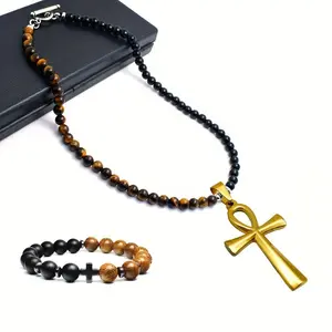 Natural map stone cross, yellow tiger eye natural stone lucky bead string long tassel adjustable necklace, men's gift, give him/her, Christmas, Halloween, Valentine's Day gift