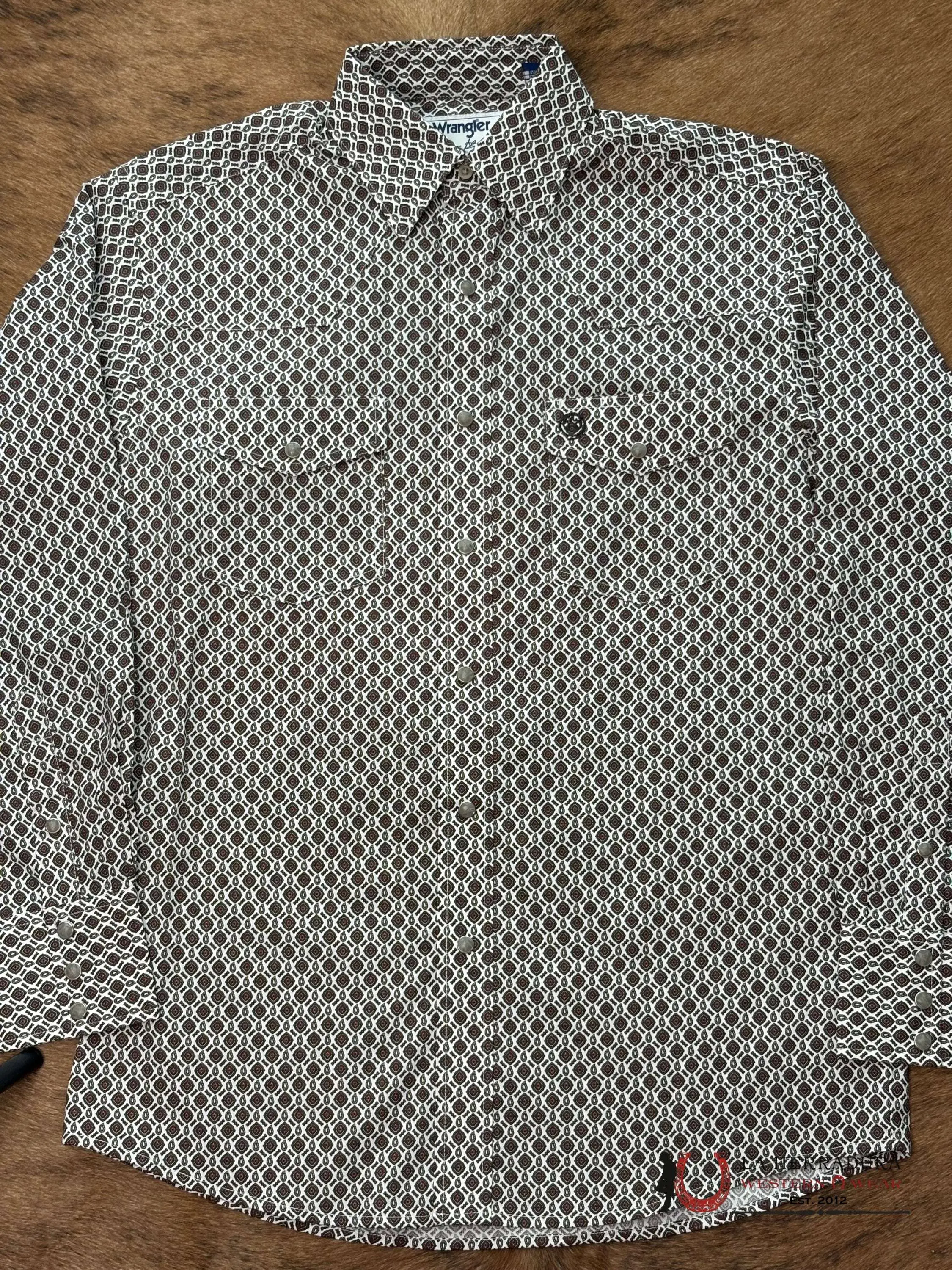 Wrangler George Strait Men's Cotton Geometric Long Sleeve Classic Collared Button-Down Shirt - White/Brown, Relax-Stretch Fit, Male Casual Style 112368211