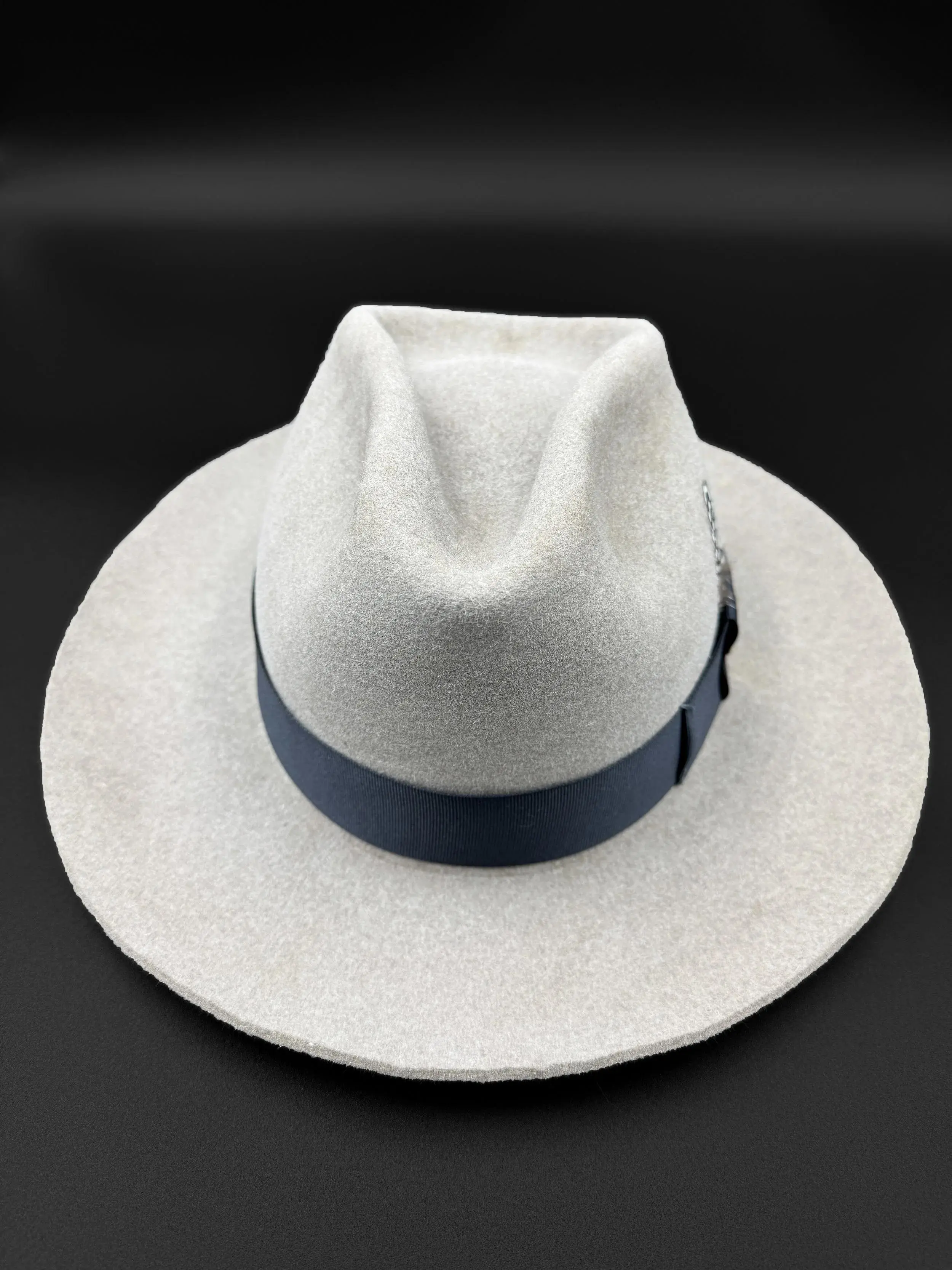 FAFO Midnight Navy Grosgrain Band Teardrop Crown Hat with Small Pheasant Feather Accent Stitching Winchester 12 Gauge Pin Natural 7 1/4