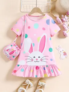 Girls' Polka Dot Rabbit Print Dress, Knee Length, Fitted, Short Sleeve, Casual Summer, Washable, Party Gift