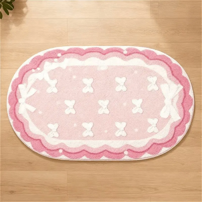 Pink oval rug, Valentine's Day home decoration, cute bow pattern bedroom bedside rug, irregularly shaped living room rug, soft and comfortable mat, casual rug, suitable for sofas, bathrooms, dressing rooms, studies, and relaxation areas.