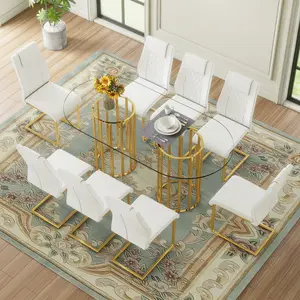 Dining Table and Chair Set. This ensemble features a 71-inch oval tempered glass dining table, distinguished by a "light luxury" aesthetic with a gold-finished double-pedestal base. It is paired with a choice of 6 or 8 high-quality PU dining chairs, each