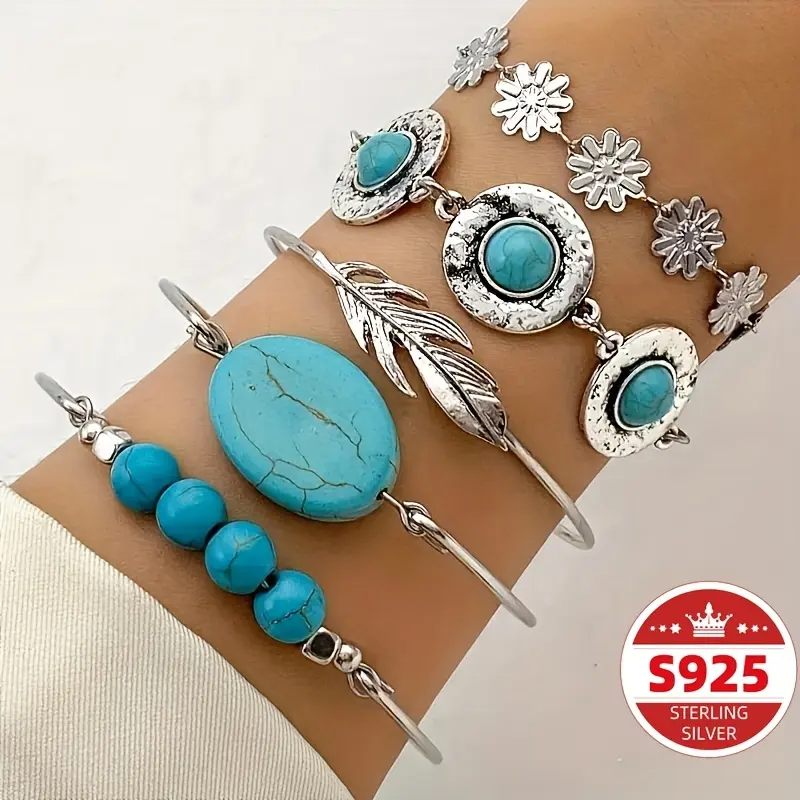 Women's 5pcs S925 Sterling Silver Daisy Turquoise Bracelet Set - Bohemian Vintage Female Daily Jewelry - Intricate Design - Premium Fashion Accessory - Ideal Gift for Her, Daisy Motif, Gift-Ready, Set Of Five