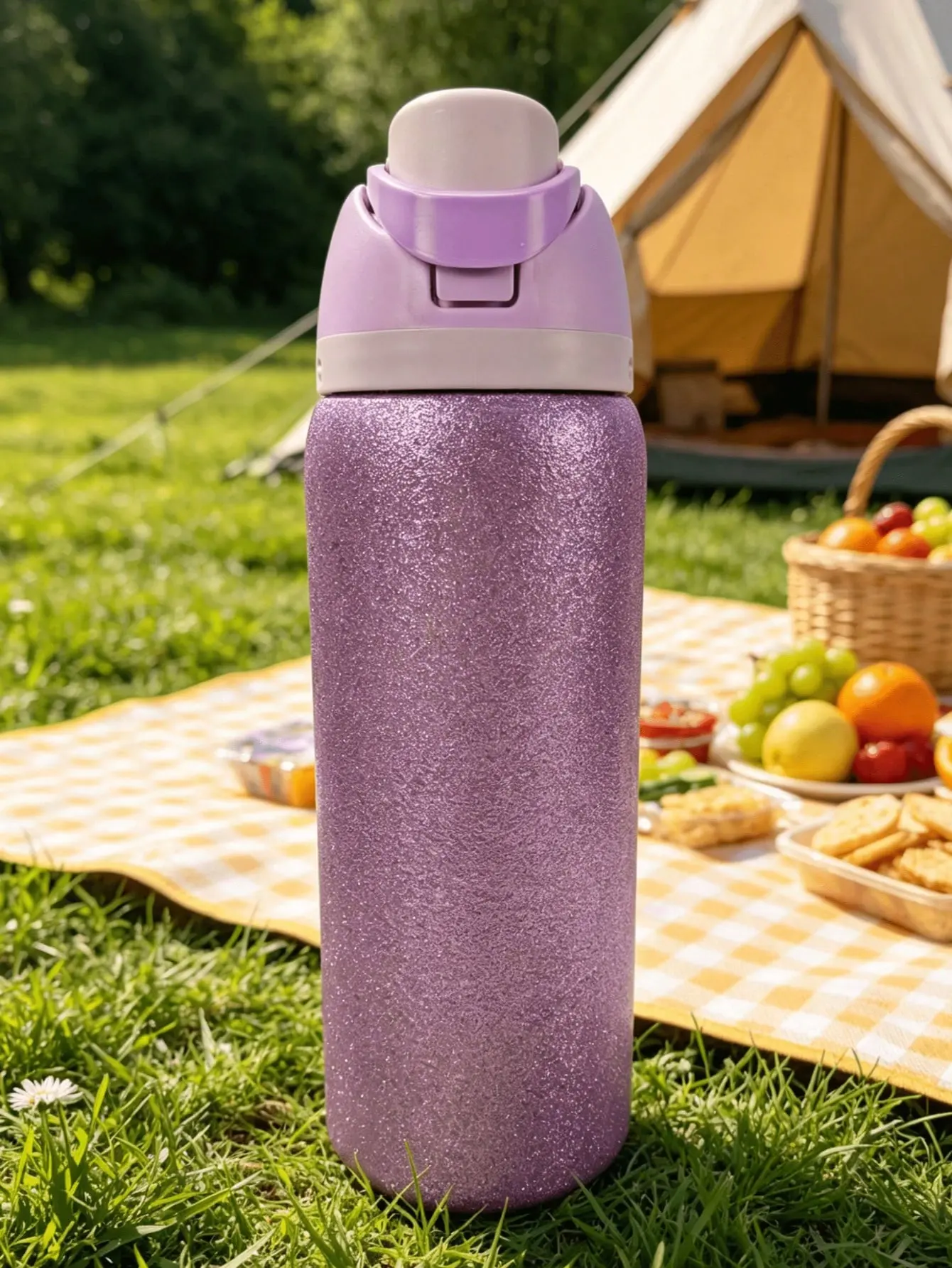BFC 32oz Insulated Stainless Steel Water Bottle 2-In-1 Two-Way Spout Lockable Push Button Lid Leakproof Stylish Glitter Ombre Purple Pattern Travel Gym Fitness