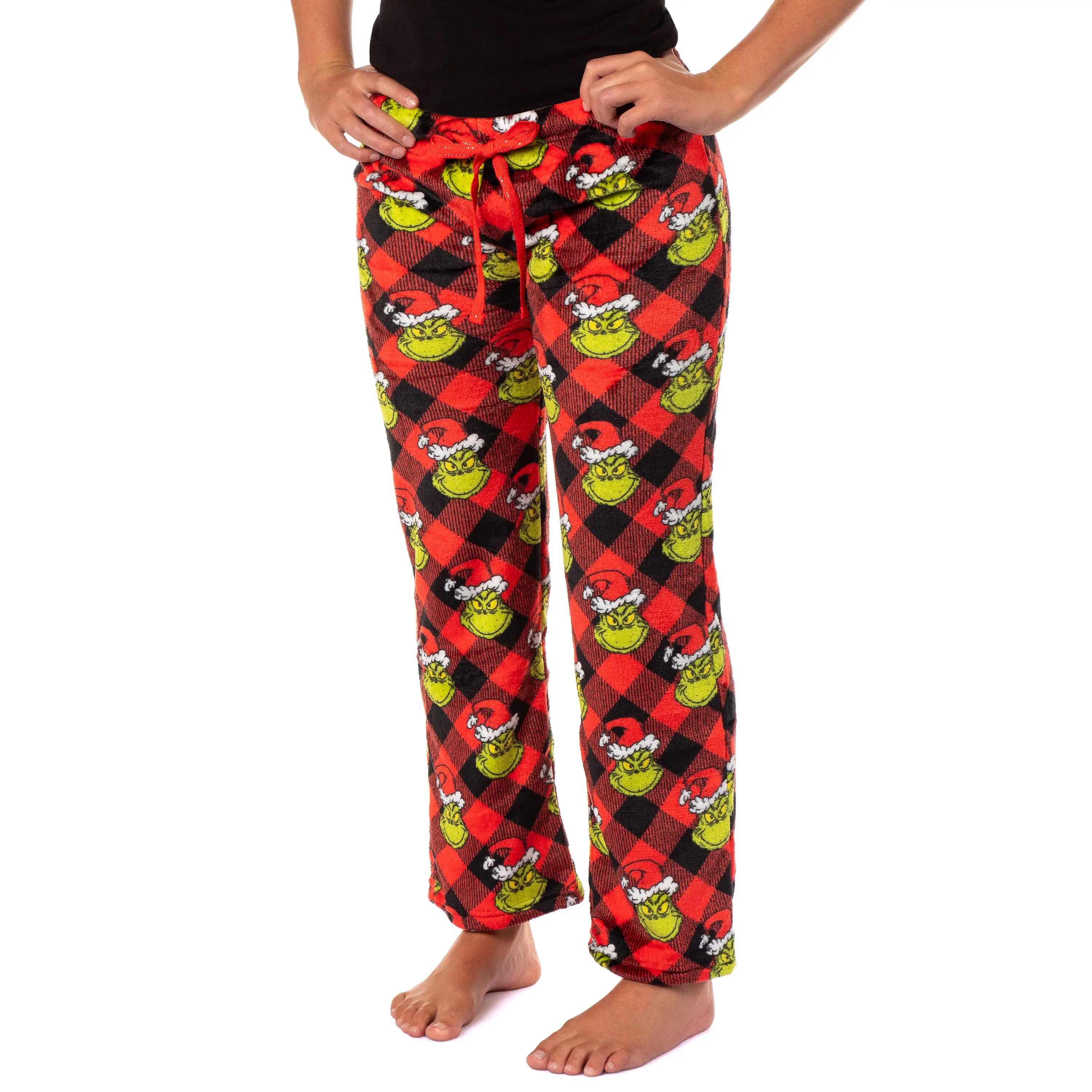 Grinch Pajama Pants Dr Seuss Woman's Grinch Holiday Plush Fleece Pants Junior Pajama Pants Adjustable Waistband
