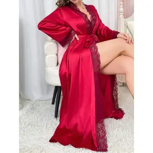 Valentines Red Lace Long Robe Nightgown Babydoll For Women Luxe Loungewear, Fall? Cozy And Elegant Details