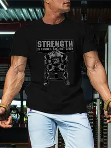 Men'S "Strength Is Earned Not Given" Motivational Gym T-Shirt - Heavyweight Fitness Tee with Weightlifting Graphic, Breathable Round Neck Short Sleeve for Workout & Casual Wear, All-Season Comfort, S-XXL Sizes (Black) - Ideal for Bodybuilding & Outd