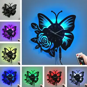 Vintage Gothic Vinyl Record Wall Clock, Silent Non-Ticking LED Light, Glowing Butterfly Rose Design, Battery Powered, Led Wall Clocks