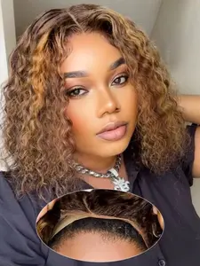 Brown with Honey Blonde 4*4 Lace Frontal Curly Glueless Bob Wig, Human Hair Short Jerry Curly Wigs for Women, Lightweight Wig Cap with Elastic Band for Daily