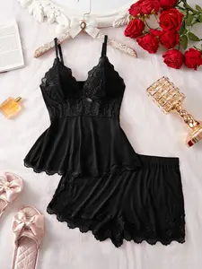 Women's Solid Color Lace Patchwork Pajama Two-piece Set, Sexy Elegant Fashion Bow Decor Adjustable Spaghetti Strap V Neck Camisole & Elastic Waist Shorts PJ Set, Ladies Summer Sleepwear, Lingerie Lace Nightwear