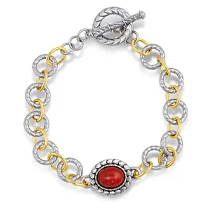 Aprilery Red Agate Bracelet – Two-Tone Link Chain with Oval Gemstone Centerpiece, Elegant Statement Jewelry for Women