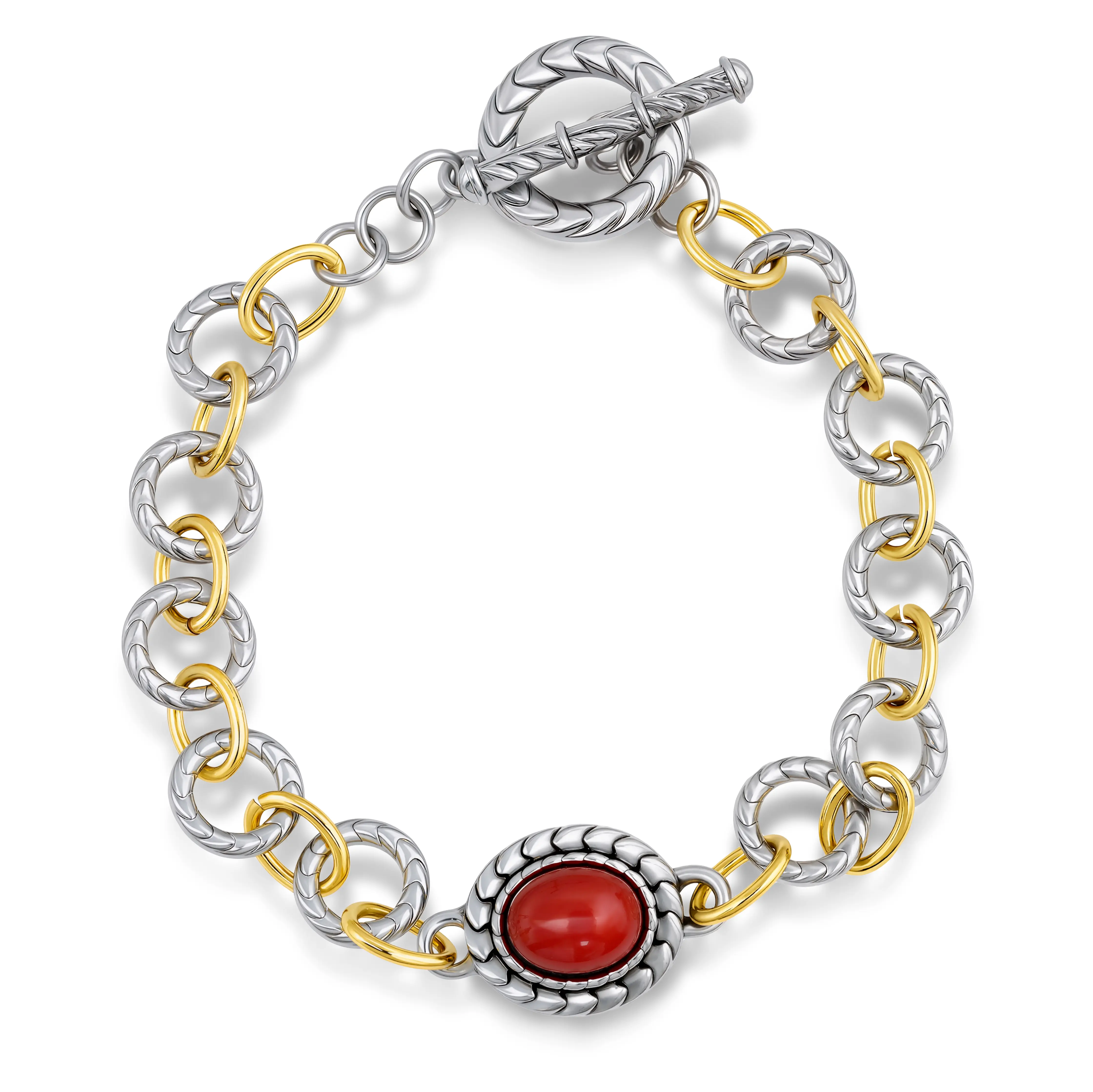 Aprilery Red Agate Bracelet – Two-Tone Link Chain with Oval Gemstone Centerpiece, Elegant Statement Jewelry for Women