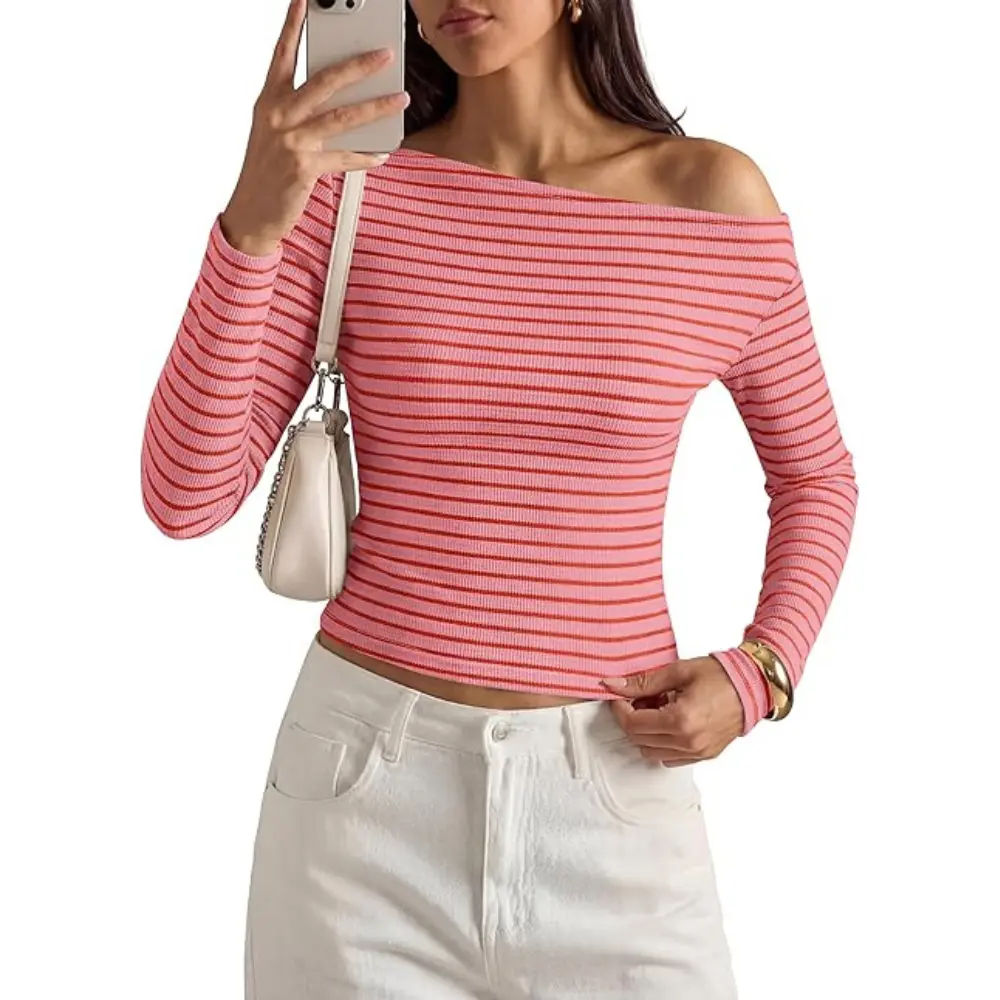 PRETTYGARDEN Womens Tops Fall Off The Shoulder Long Sleeve Shirts Striped Fitted Y2K T-Shirt Going Out Crop Top