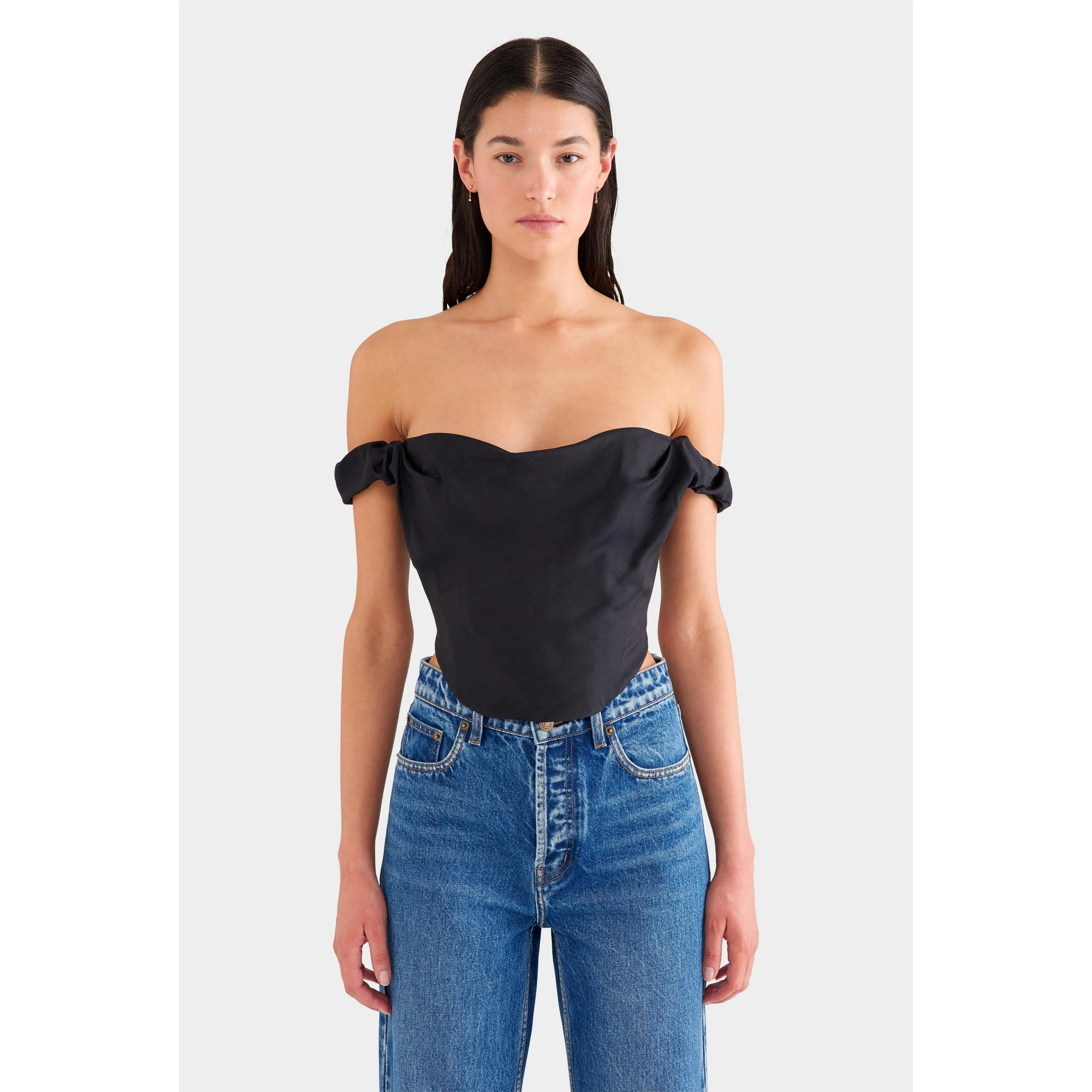 Draped Silk Corset Top - Black