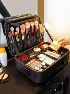 Multi-Function PU Leather Cosmetic Bag, Travel Cosmetic Bags, Makeup Organizer, Large Capacity Divided Makeup Case With Dual Shoulder Strap, Suitable For Beauticians, Nail Technicians, Makeup Artists Travel Accessories