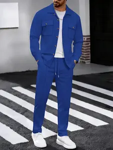 Men's Waffle Knit Shirt and Pants Set, Retro Practical Two-Piece, Buttoned Top and Straight Leg Dual Chest Pockets, Breathable Textured Fabric, must have item, wardrobe staple, essential piece, everyday wear