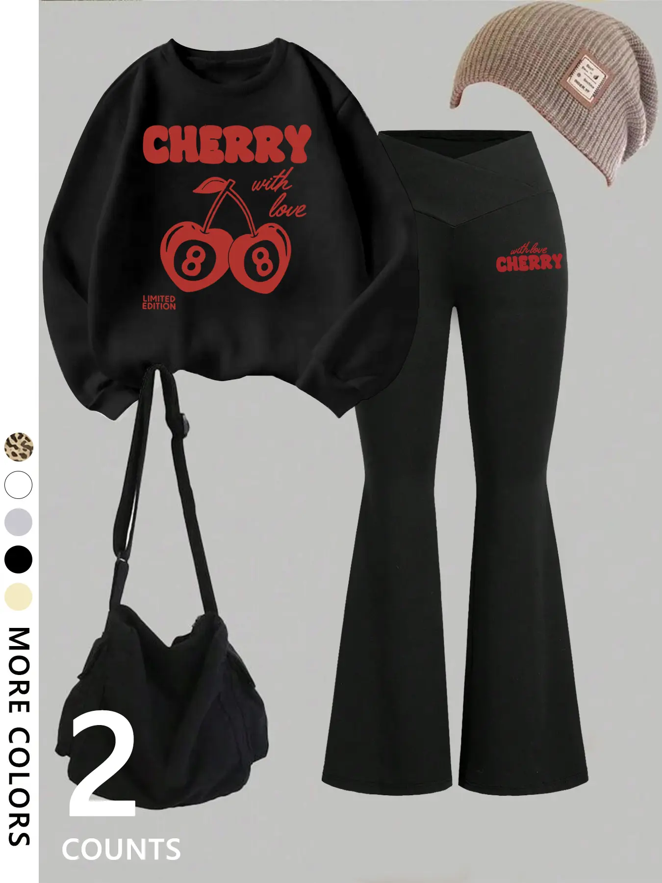 Women's red cherry 8 print Long Sleeve Fitted pullover and slim flared pants set, fashionable and comfortable, Casual Summer Set, suitable for everyday wear, travel, vacation and leisure, Outfit