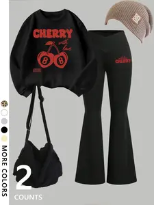 Women's red cherry 8 print Long Sleeve pullover and slim flared pants set, fashionable and comfortable, suitable for daily wear, travel, vacation and leisure