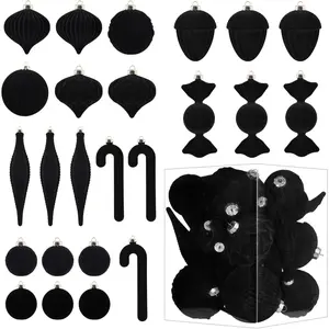 Ornaments for Christmas Tree Decorations - Black Flocked Christmas Ornament Set for Winter Holiday Decor - Shatterproof Xmas Balls Ornaments Bulk - Pack of 24