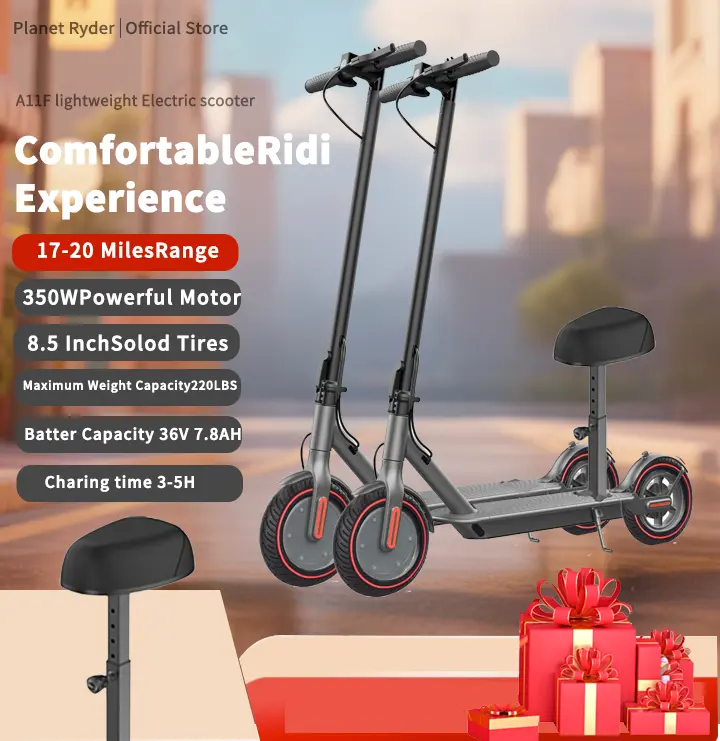 Electric Scooter with seat, Long-Range Portable Commuting Scooter for Adults with Braking System and App , Lightweight ,350W/500W Motor, Top Speed 19/21 mph, Max 18/20/21Miles Ranges, Foldable E Scooter for Adults with 8.5inch Solider tire.