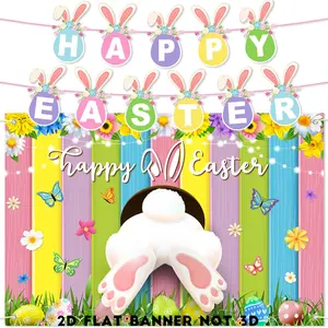 Happy Easter Banner & Backdrop Set, Indoor Backdrops, Colorful Bunny Ear Garland, Rabbit Tail Photography Background, Easter Party Decorations
