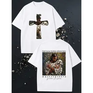 Religious Art Design Men's T-Shirt 180g Pure Cotton T-Shirt Men's Sport Casual Cross And Jesus Mosaic Pattern With Inspirational Quote God Turns Broken Pieces Into Masterpieces Give Him Your Pieces Christian Faith Theme For Daily Wear Church Events And Sp
