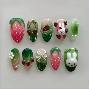 24 Pcs 3D Strawberry Bunny Almond Nails, Glossy Gel False Nails, Diy Nail Art, Reusable, Cute Cartoon Design, Free Jelly Glue & Nail File