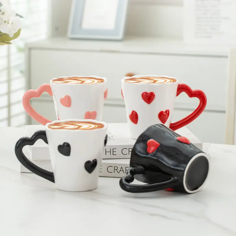 Ceramic Coffee Mug - 8.5 Oz Elegant 3D Heart Embossed Versatile Use Tea Cups  for Latte, Hot