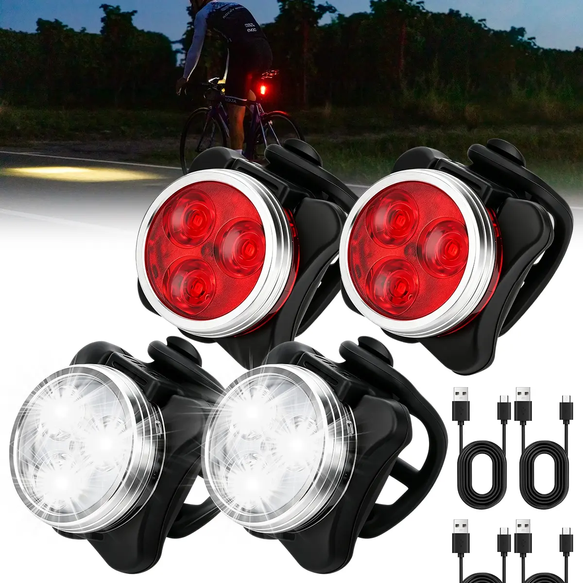 4Pcs Bicycle Front & Rear LED Safety Light Set - High-Brightness 3LED Night Riding Warning Lights, USB Charging, 4 Modes, Rechargeable Lithium Battery, ABS Material, Seatpost Holder Mounting