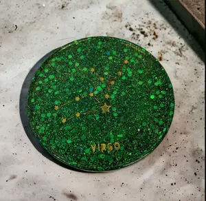 Virgo Zodiac Coaster - Circular Design with Green Glitter Finish, Stylish Tableware for Home Decor