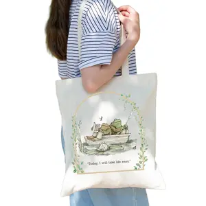 Vintage Classic Book Frog and Toad Canvas Tote Bag, Gift for Reader, Birthday Gift, Today I will Take Life Easy, Aesthetic Book Lovers Tote Bag