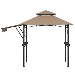 8x5 ft Grill Gazebo with Side Awning, Double-Tier BBQ Canopy, 2 Shelves, 4 LED Lights, 10 Hooks & Bottle Opener, Heavy-Duty Outdoor Shelter for Patio, Backyard, Garden, Khaki
